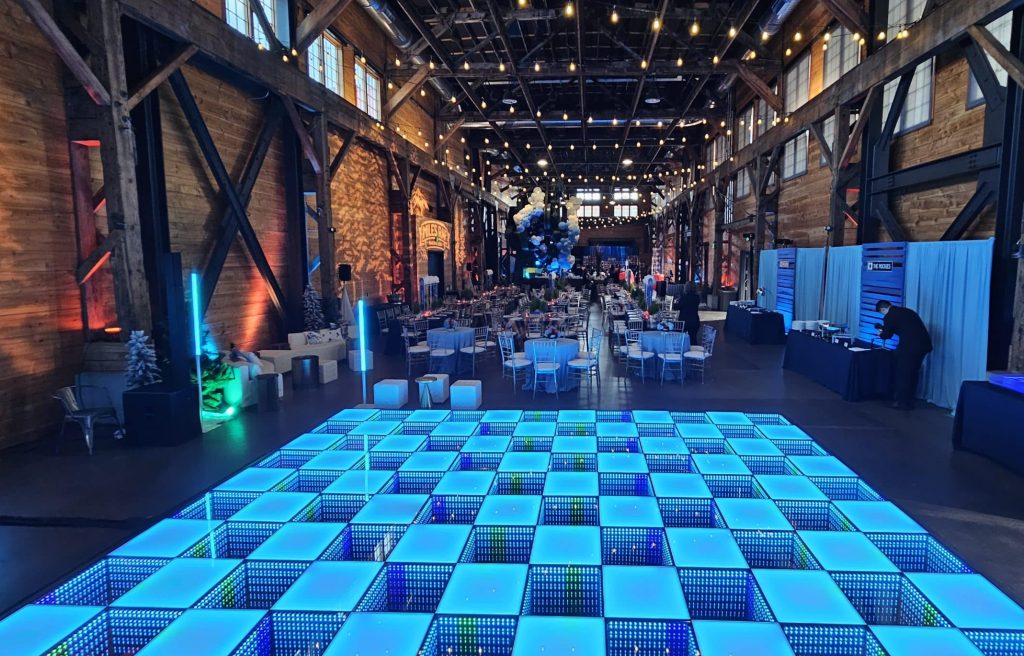 LED dance floor and event lighting inside an industrial venue